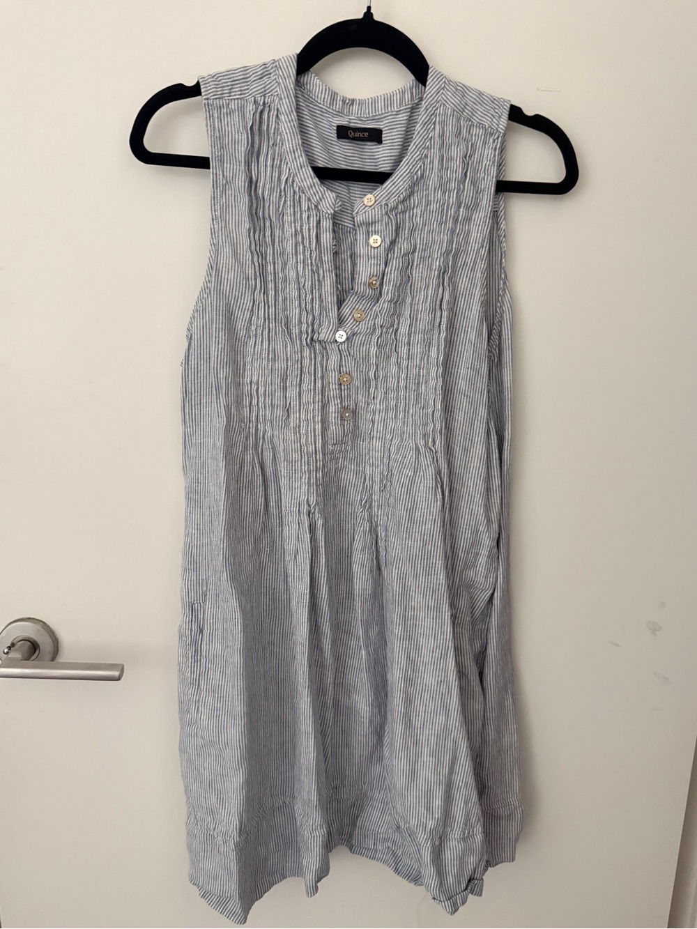 Quince Light Blue & White Striped Sleeveless Linen-Blend Dress